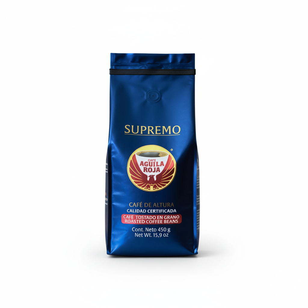 Supremo coffee bag with Agila Roja logo on a white background