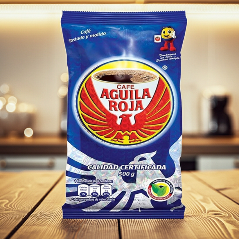 Cafe Aguila Roja package on a wooden table with a kitchen background