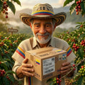 Colombian coffee farmer holding a box in a coffee plantation with coffee beans around