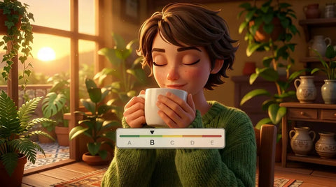 Woman holding a coffee much in a living room filled with plants. There is a graphic of a grading scale for coffee social impact