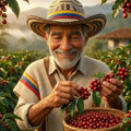 Colombian coffee farmer standing in the middle of a coffee feild hand picking ripe coffee cherries during harvest season