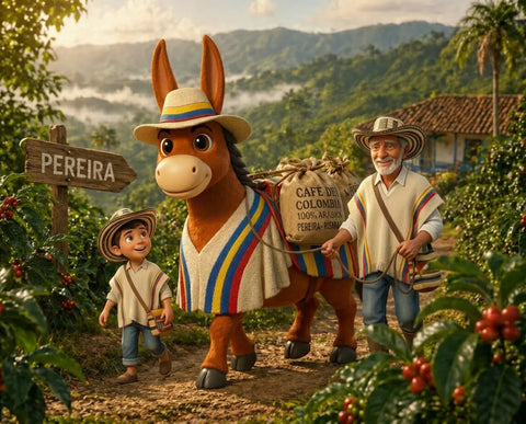 A mule, a farmer and his grand son in a coffee plantation, with 'Pereira' sign in the background.