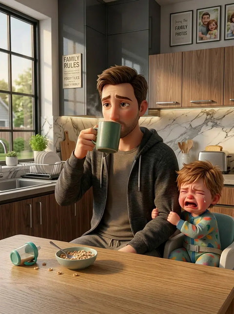 Tired father feeding his crying son while having a mug of colombian instant coffee
